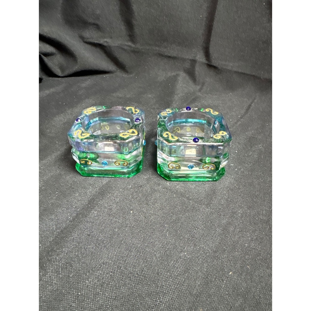 PartyLite Vintage Green Blue Glass Votive Candle Holders Gold Scroll Set of‎ 2